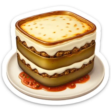 Cinematic Realistic Moussaka Dish Emoji, depicted with layers of eggplant, minced meat, and b√©chamel sauce rendered with rich textures and warm, inviting lighting that captures its Mediterranean flavor. sticker