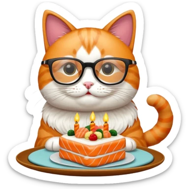 cat with cool square shaped glasses eating a birthday cake made out of sushi sticker