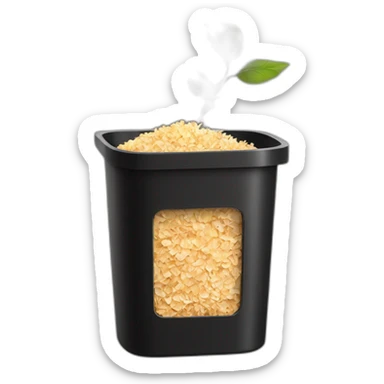 Black cubic plastic container with wood shavings inside, and a white tube with three branches at the top  sticker