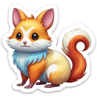  Shiny iridescent light warmly colored reddish-orange-gold-gradients vibrant bioluminescent colorful pastel flourishing flurry fuzzy Absol-Minccino-Furret-Zangoose-Chinchilla-fusion-animal-Fakémon-hybrid-creature, by griffsnuff sticker