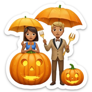 Make a guy hugging a giant pumpkin with a fork in his right hand while there's fire while there's a lady watching while it's raining while there's an umbrella on the ground that's alive and the sun has a bow tie on his neck sticker