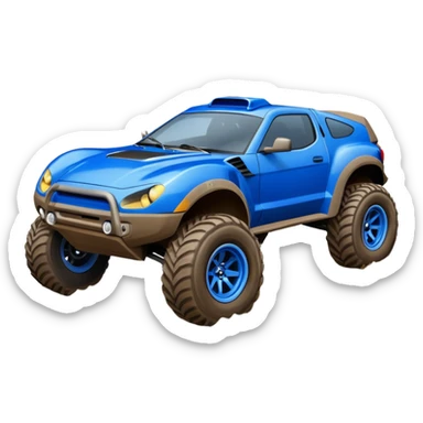 Dirty Midnight-blue Local Motors Rally Fighter off road race car after jumping over a dirt ramp  sticker