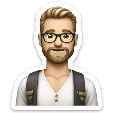 Homme blanc 20 ans avec cheveux rasé, petite barbe, chemise blanche, lunette de soleil grise prada  sticker