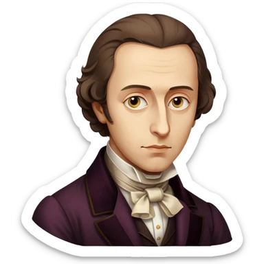 Cinematic Realistic Chopin Portrait Emoji, depicted as an introspective composer with expressive eyes and period attire, rendered with rich textured detail and soft classical lighting that captures his emotive musical genius. sticker