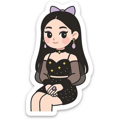 Transform the image into a K-pop inspired gothic girl wearing a glamorous performance outfit with bold accessories, sitting elegantly. Preserve the transparent background. Style should reflect K-pop gothic fashion with elegance and boldness. sticker