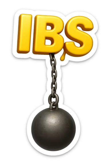 emoji stile iphone della parola "IBS" sospesa in aria con zavorra attaccata sotto che la fa cadere per il peso, iperrealistico 4k sticker