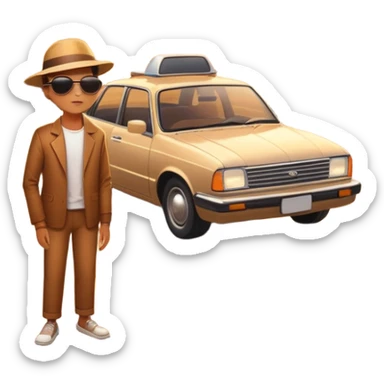 A parked car rests on the side of a long with a person outside , empty road stretching toward a golden sunset. The sky glows with warm colors, and the landscape ahead feels open, peaceful, and full of promise. sticker