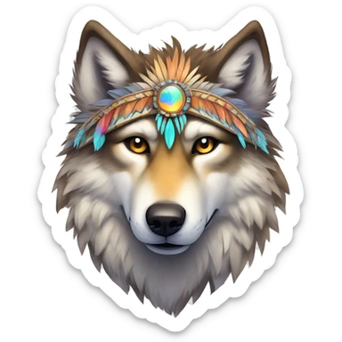 Fluffy Shy Colorful Spiritual Shamanic Wolf With Shiny Tribal Markings wearing feathers Full Body sticker