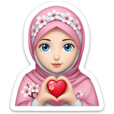 Turkish beautiful finish Konya girl blue eyes with cherry blossom flower design hijab and hold heart in her hand  sticker