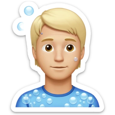 blonde man taking a shower, side view, covered with bubbles, friendly expression, modest, emoji style sticker
