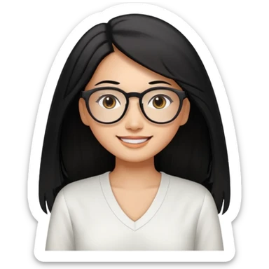 medium tan asian woman with long black hair past middle of back, round brown eyes, white v neck blouse. she has black thick frame rectangular glasses on and smilling sticker