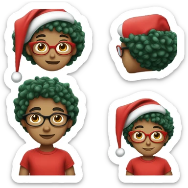 Unisex person ’light skin’ ’short curly dark green hair’ in a ’red Santa hat’ and black tshirt and round glasses  sticker
