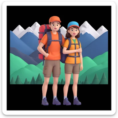 back packer couple posing, mountains in background,   close up pose sticker