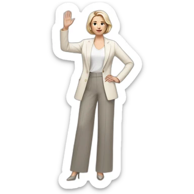 Full height Actively gesturing with hands pale skin woman with ash blonde Straightened bob Hair, White Spacious classical jacket, beige palazzo Arrow pants and gray blouse sticker