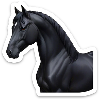 Cinematic Noble Black Horse Portrait Emoji, Poised and regal, with a strong, athletic build and a sleek, well-groomed jet-black fur, deep-set soulful dark eyes, Simplified yet sharp and sophisticated features, highly detailed, glowing with a soft, dignified glow, high shine, intelligent and commanding, stylized with an air of mysterious grace, focused and attentive, soft glowing outline, capturing the essence of a watchful and confident steed, so majestic it feels as though it could gallop out of the screen with effortless authority! sticker