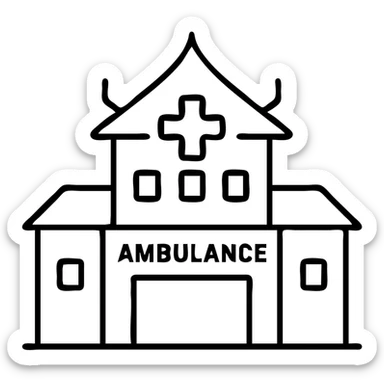 Modern hospital in Bangkok with ambulance entrance and Thai architectural elements sticker