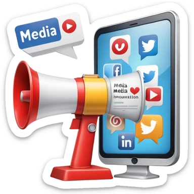 An icon featuring a megaphone, a billboard, and social media icons, symbolizing advertising and public relations. The design includes a press release and a rising graph, representing brand promotion and communication strategies. Transparent background highlights media influence and outreach. sticker