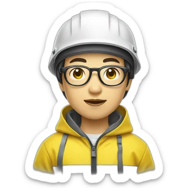 chinese boy with small eye and thick lip wearing thin metal glasses and white safety helmet and yellow rain jacket sticker