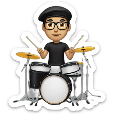 drummer, man, caucasian, black hair, wearing a black beret, glasses, and black t-shirt, play drum sticker