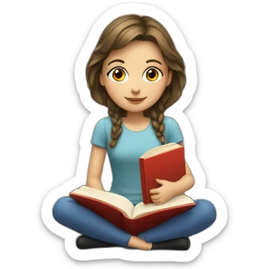 european girl seats with a book sticker