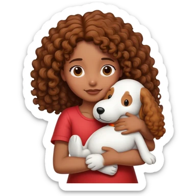 Girl with brown skin and curly hair hugging snoopy sticker