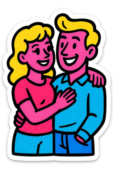 modern couple, two white people, male and female, vibrant pop art style sticker