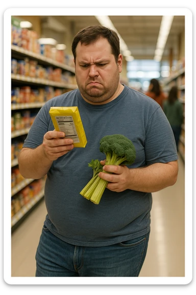 a man in casual clothes walks through a grocery store, looking at a nutrition label with a furrowed brow. Despite choosing healthy options, his body remains overweight. Other shoppers pass by, and the lighting is natural, capturing a moment of everyday life and genuine confusion. sticker