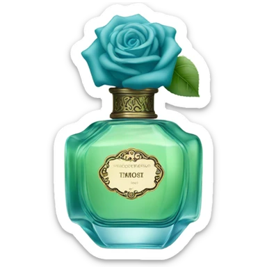 Aesthetic composition of soft blue roses with a vintage-style green  perfume bottle.
 sticker