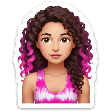 Woman in her 30s with luminous skin, long defined dark brown curls, large brown eyes, full lips with natural pink color, wearing bright pink tie-dye tank top, nurturing warm expression sticker
