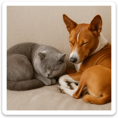 A gray British Shorthair cat curled up and sleeping next to a red Basenji dog sticker