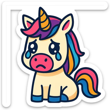 a unicorn with tears in its eyes, looking sad, vibrant cartoon style sticker