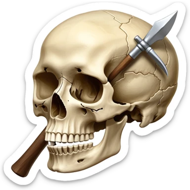 An icon featuring a human skull and fossilized bones, symbolizing the study of anthropology. The design includes archaeological tools like a pickaxe and brush, with a background of ancient artifacts and a globe. Transparent background emphasizes the exploration of human history and evolution. sticker