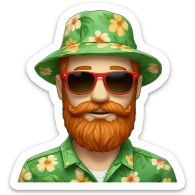 Bright Red beard wearing a floral shirt and wearing green sunglasses and a bucket hat sticker