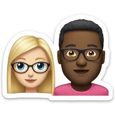 White woman with long blonde hair wearing a pink dress and diamond necklace next to a black guy with glasses wearing a red shirt sticker