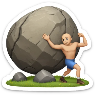 Sisyphus pushing a large boulder up a hill, emoji style sticker