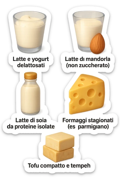 emoji stile iphone 3d di questi elementi che fluttuano in aria:

Latte e yogurt delattosati
Latte di mandorla (non zuccherato)
Latte di soia da proteine isolate
Formaggi stagionati (es. parmigiano)
Tofu compatto e tempeh
 che fluttuano in aria,  le etichette scrivile in italiano, iperealistico 4k sticker
