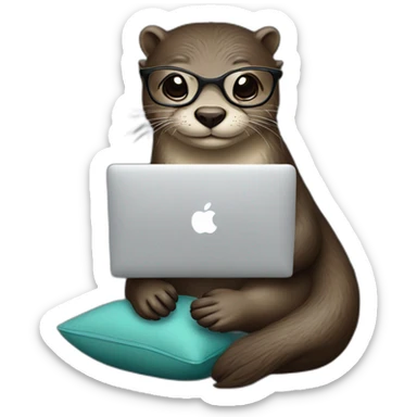 female otter with glasses use a macbook while seated against a pillow sticker
