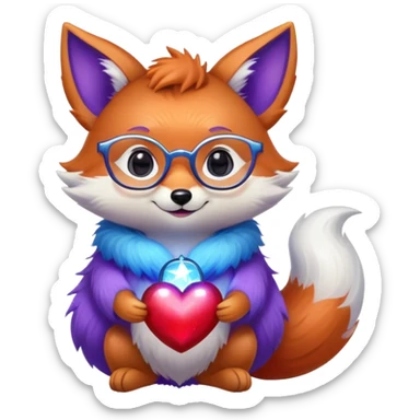 A small magical fox with shimmering purple and blue fur, a glowing fluffy tail, a silver star on its forehead, and round glasses, holding a tiny magical lantern, hugging a big red heart and smiling warmly. 🦊❤️ sticker