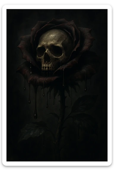 A weeping rose where the flower is replaced by a skull, with tears or drips from the petals, dark and dramatic style sticker