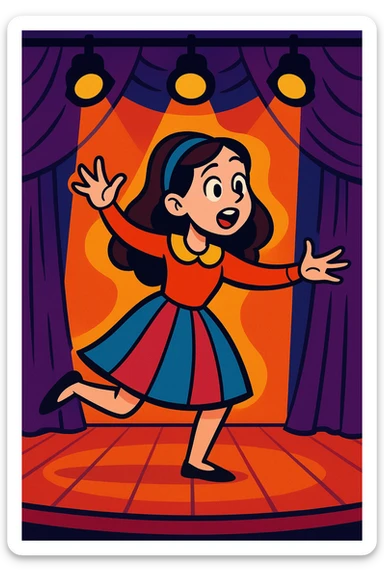 a pale, brunette girl acting, performing on stage, vibrant toon style sticker