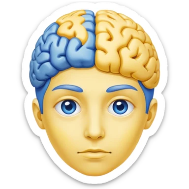 A real person face emoji, skin is emoji yellow, with blue brain instead of hair sticker