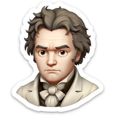 Cinematic Realistic Beethoven Pop Culture Emoji, featuring an evocative portrayal of the legendary composer rendered with delicate textures and emotive lighting. sticker