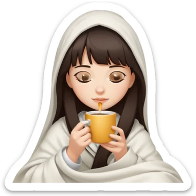 Dark brown hair with straight bang girl inside a white blanket sipping coffee eyes closed sticker