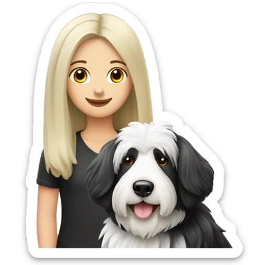 Old english black and white sheep dog with blonde girl sticker