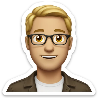 White man with light brown hair in a middle part with glasses sticker