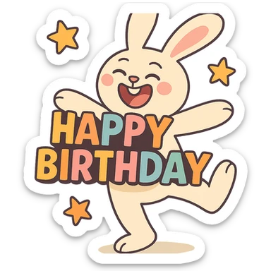 laughing bunny hugging 'Happy Birthday' letters with stars, full body, pastel-toon style sticker
