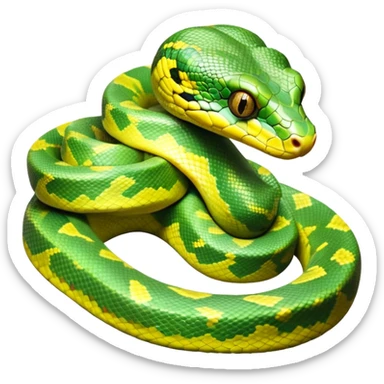 cinematic-green tree python-realistic-full-body-coiled-emoji,-thick-scaled-body-looped-tightly,-intricate-tellow and green-patterned-scales-reflecting-light,-head-tilted-dramatically,-slitted-eyes-staring-calmly,-simplified-yet-realistic-focused-feature sticker