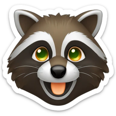 brown raccoon with orange eyes and a dark green hood that is smiling sticker