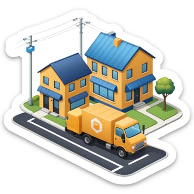 top view of a truck, a package, a residential house, and an industrial company side by side, all connected by street lines, clear symbols, friendly colors, neutral background sticker