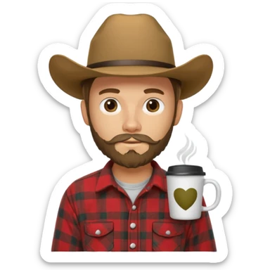 generate an ios genmoji of a 20 year old tan boy with a cowboy hat and mutton chop beard. Wearing a flannel and carrying a coffee mug sticker